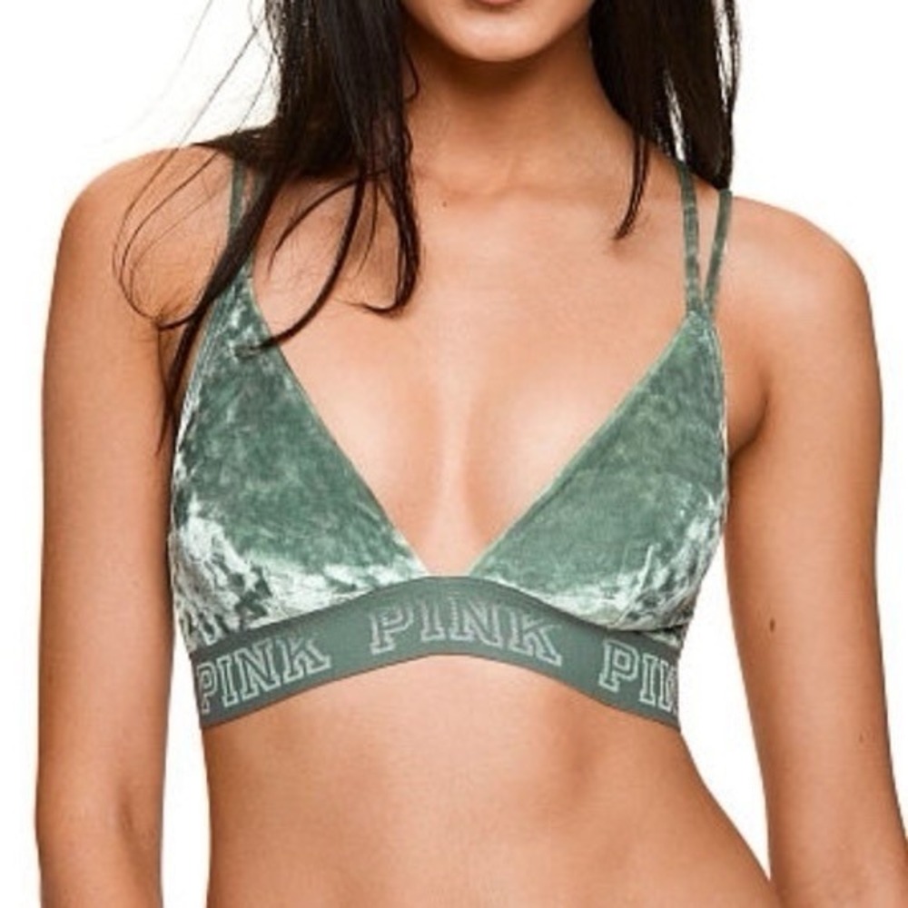 PINK Victoria's Secret Bralette Women Small Green Velvet Strappy Cage Back Bra